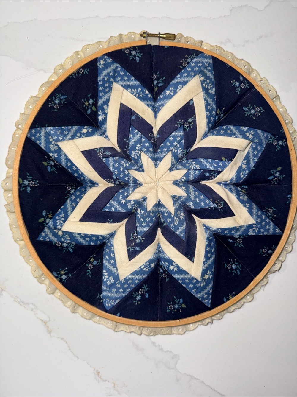 Vintage Handmade Blue Star Quilt Hoop Wall Hanging- 10 inches